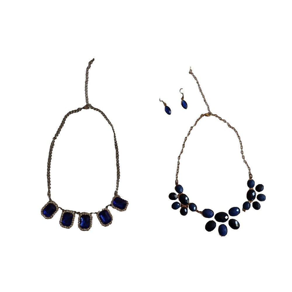 Lot Blue Charming Charlie Necklace 16" & Earrings Gold Tone+ Rhinestone Silver T